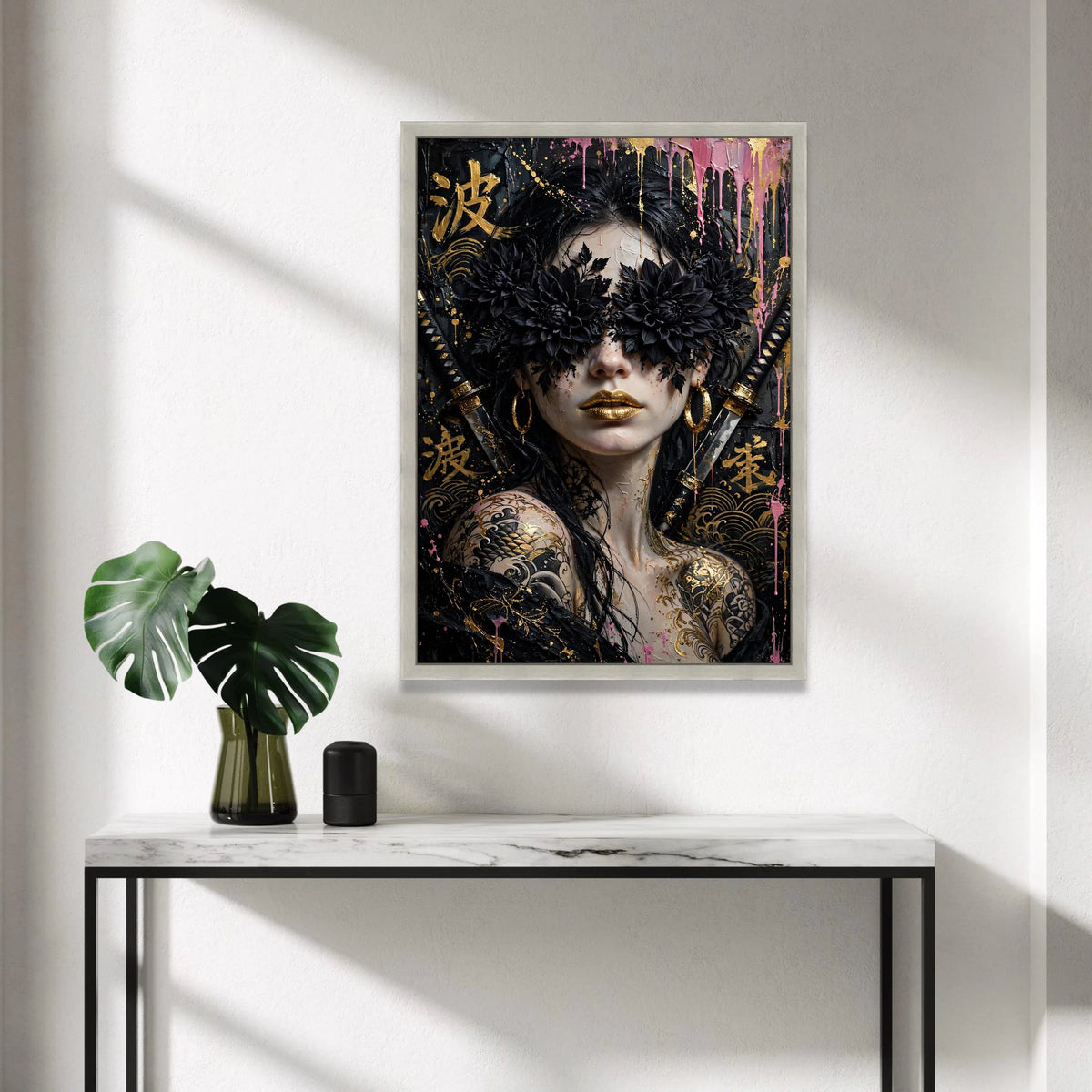 Mystical Geisha Portrait Canvas, Black Floral Eyewear Art, Gold Lip Makeup, Japanese Tattoo Wall Decor, Samurai Sword Canvas Print Art