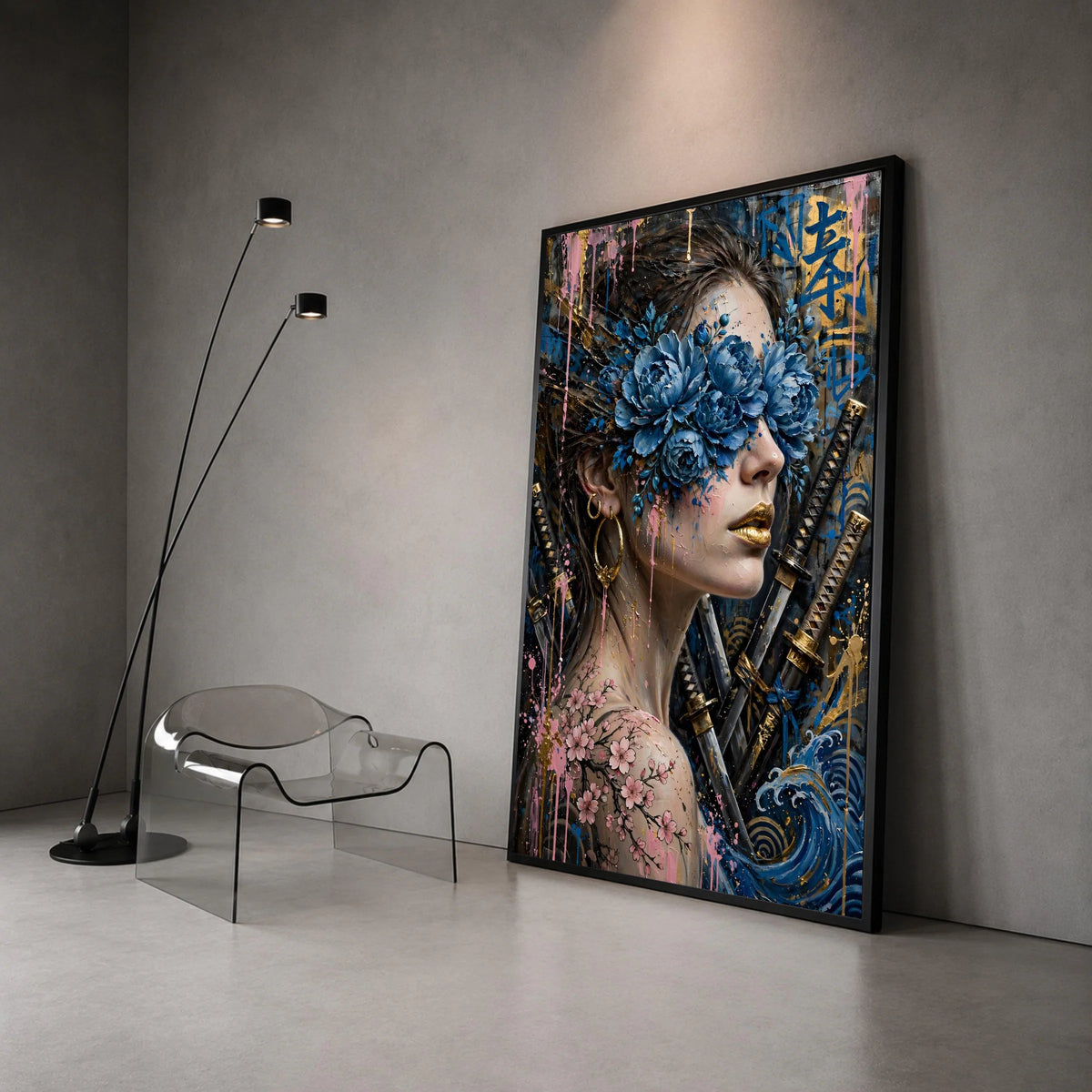 Floral Masked Woman Canvas, Samurai Swords Wall Art, Blue Peony Bloom Design, Cherry Blossom Tattoo Canvas, Modern Japanese Canvas Print Art