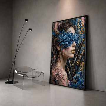 Floral Masked Woman Canvas, Samurai Swords Wall Art, Blue Peony Bloom Design, Cherry Blossom Tattoo Canvas, Modern Japanese Canvas Print Art