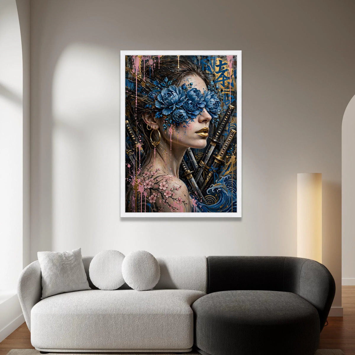 Floral Masked Woman Canvas, Samurai Swords Wall Art, Blue Peony Bloom Design, Cherry Blossom Tattoo Canvas, Modern Japanese Canvas Print Art