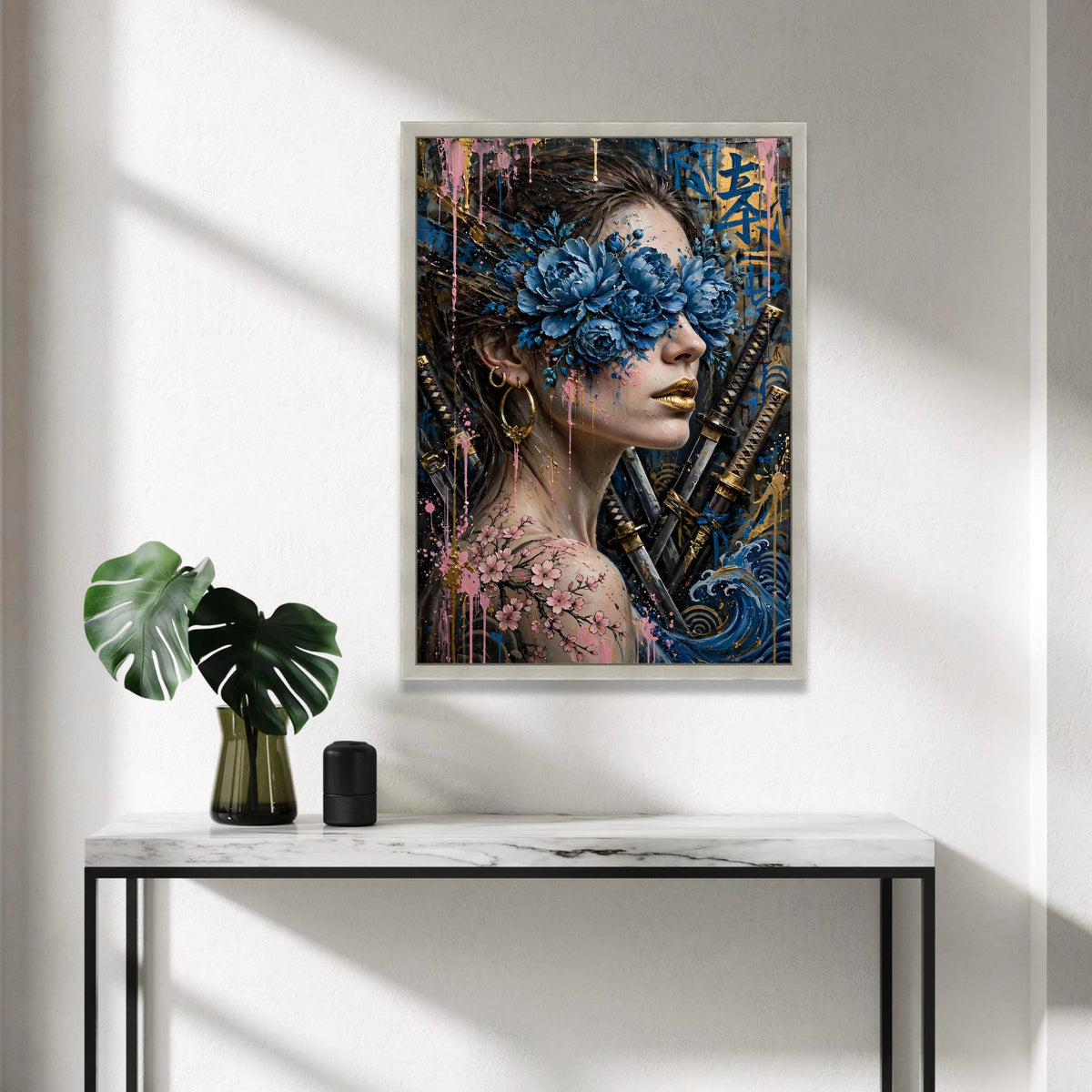 Floral Masked Woman Canvas, Samurai Swords Wall Art, Blue Peony Bloom Design, Cherry Blossom Tattoo Canvas, Modern Japanese Canvas Print Art