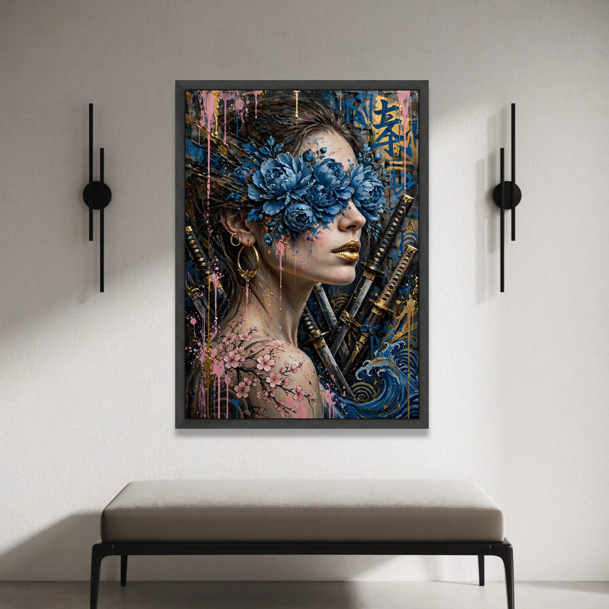 Floral Masked Woman Canvas, Samurai Swords Wall Art, Blue Peony Bloom Design, Cherry Blossom Tattoo Canvas, Modern Japanese Canvas Print Art