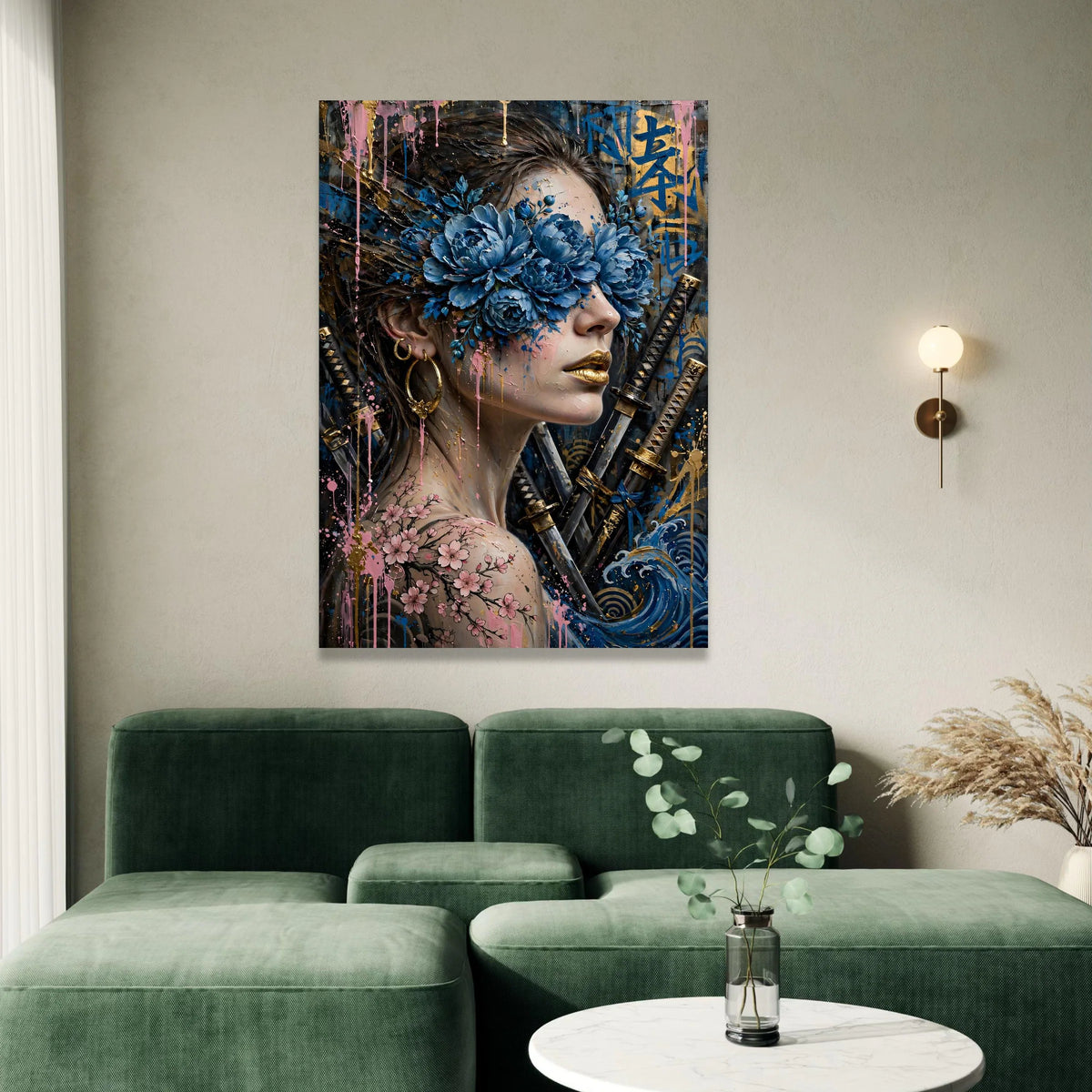 Floral Masked Woman Canvas, Samurai Swords Wall Art, Blue Peony Bloom Design, Cherry Blossom Tattoo Canvas, Modern Japanese Canvas Print Art