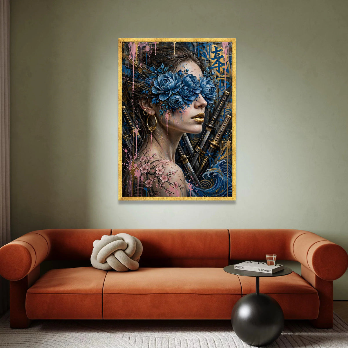 Floral Masked Woman Canvas, Samurai Swords Wall Art, Blue Peony Bloom Design, Cherry Blossom Tattoo Canvas, Modern Japanese Canvas Print Art