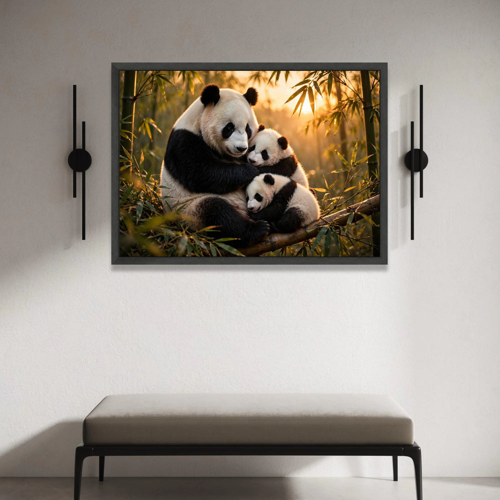 Loving Panda Family Hug, Bamboo Forest Canvas, Sunset Animal Wall Art, Nature Wildlife Canvas, Cozy Home Decoration Canvas Print Art