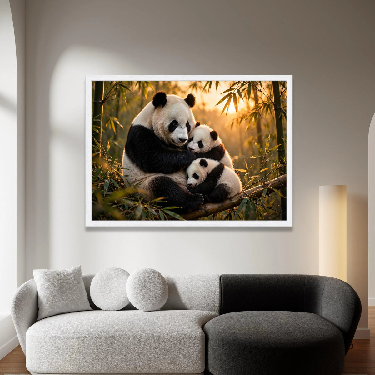 Loving Panda Family Hug, Bamboo Forest Canvas, Sunset Animal Wall Art, Nature Wildlife Canvas, Cozy Home Decoration Canvas Print Art