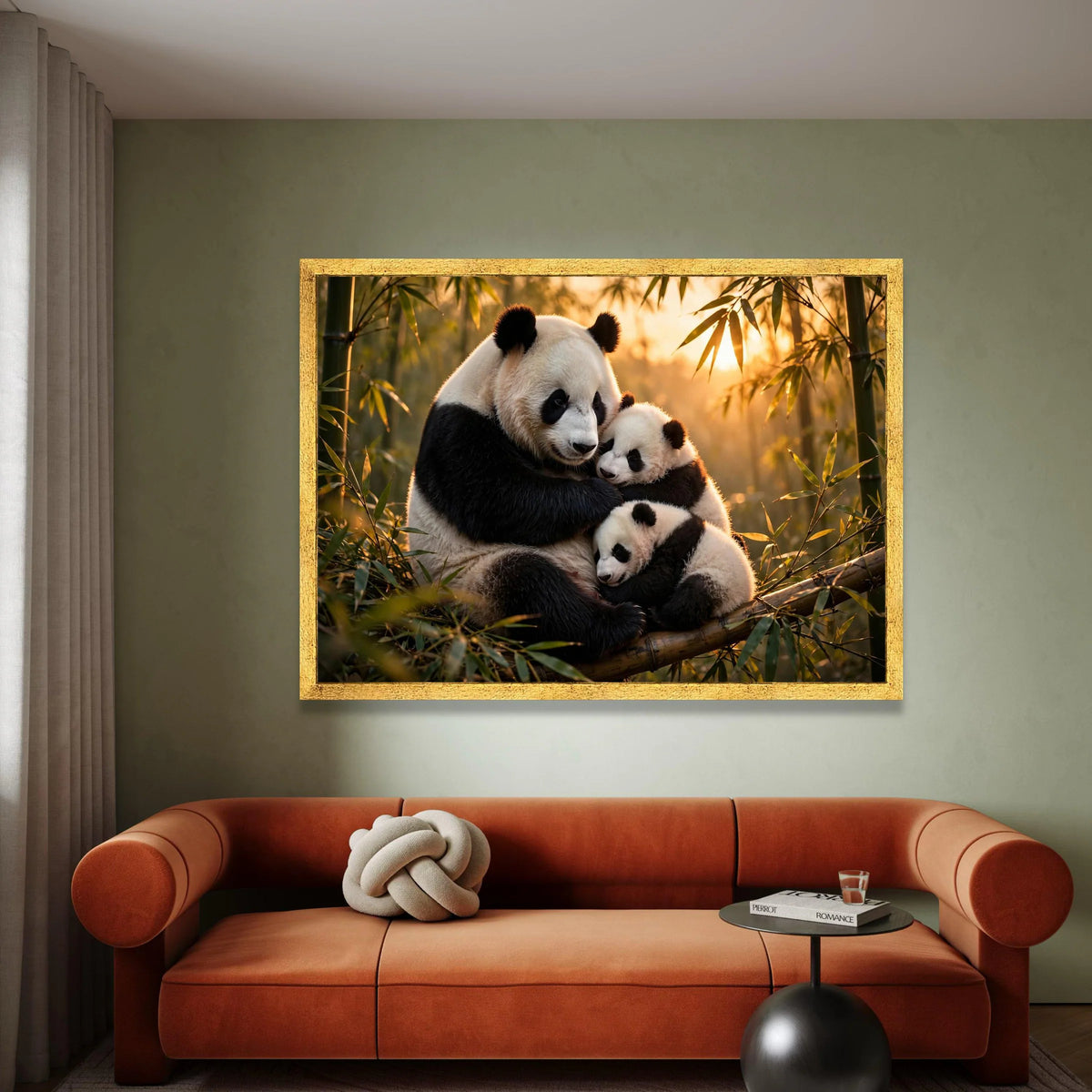 Loving Panda Family Hug, Bamboo Forest Canvas, Sunset Animal Wall Art, Nature Wildlife Canvas, Cozy Home Decoration Canvas Print Art