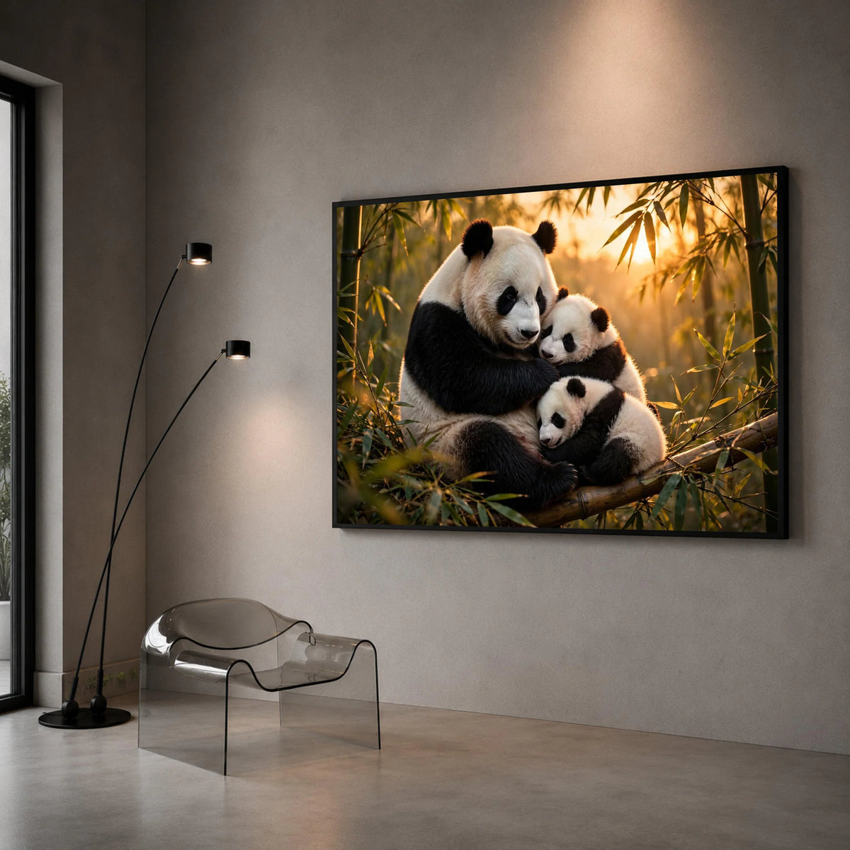 Loving Panda Family Hug, Bamboo Forest Canvas, Sunset Animal Wall Art, Nature Wildlife Canvas, Cozy Home Decoration Canvas Print Art