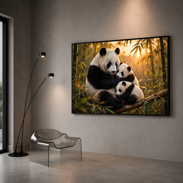 Loving Panda Family Hug, Bamboo Forest Canvas, Sunset Animal Wall Art, Nature Wildlife Canvas, Cozy Home Decoration Canvas Print Art