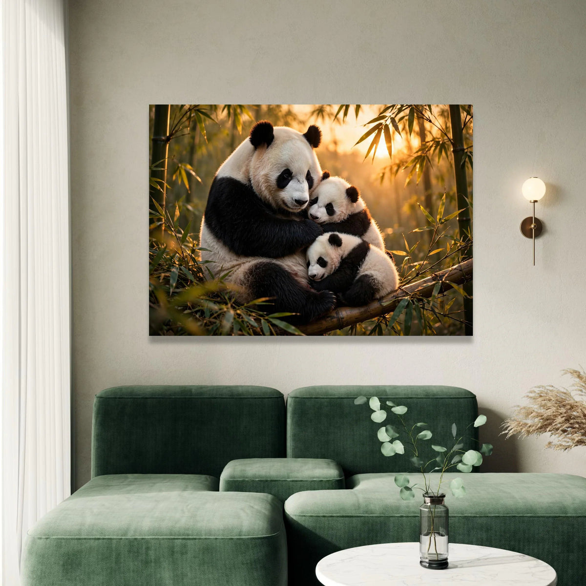 Loving Panda Family Hug, Bamboo Forest Canvas, Sunset Animal Wall Art, Nature Wildlife Canvas, Cozy Home Decoration Canvas Print Art