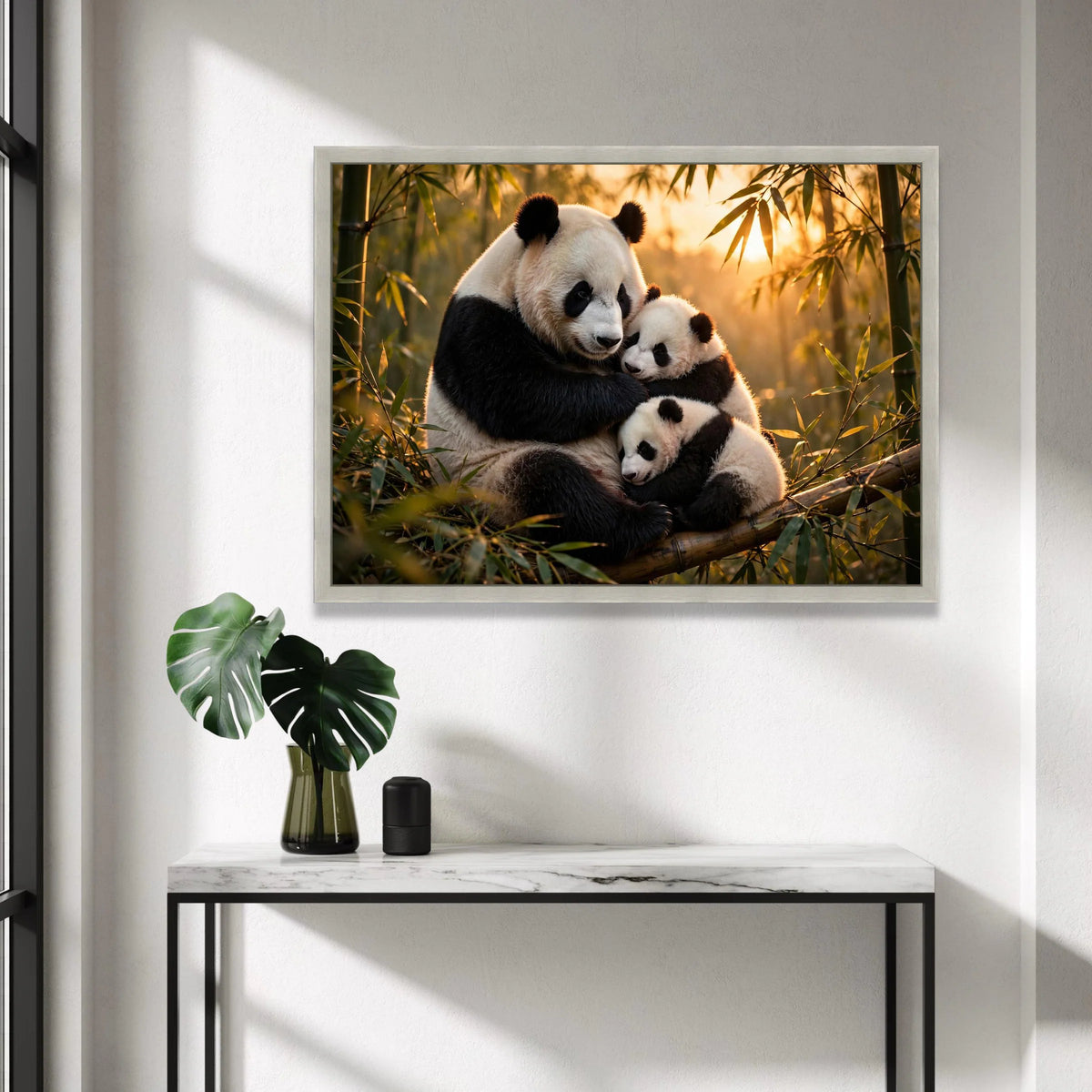 Loving Panda Family Hug, Bamboo Forest Canvas, Sunset Animal Wall Art, Nature Wildlife Canvas, Cozy Home Decoration Canvas Print Art