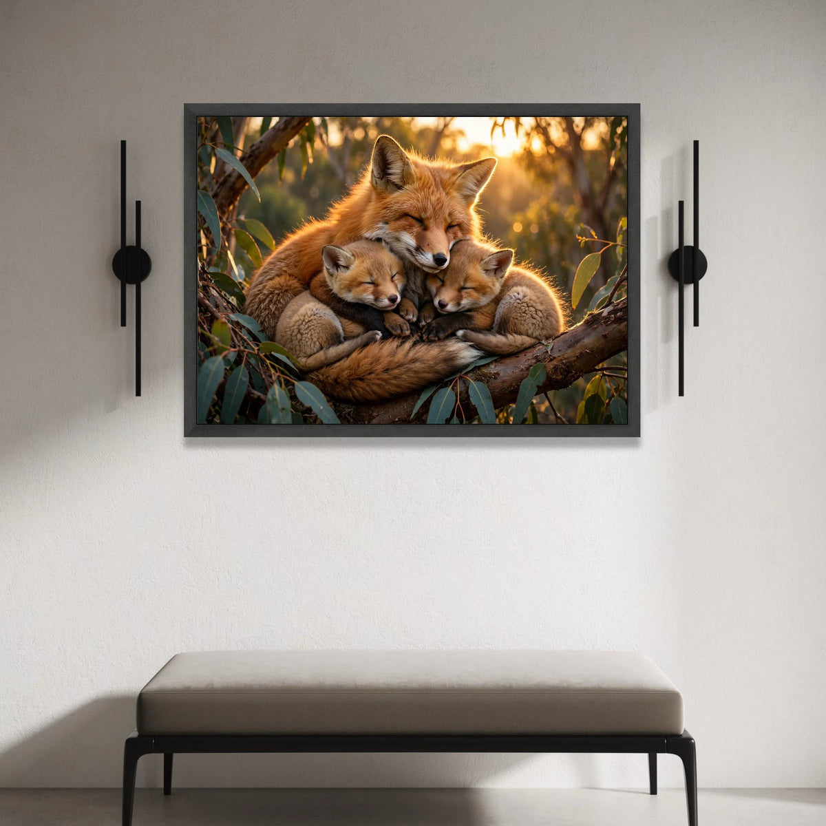 Cozy Fox Family Embrace Canvas, Woodland Animal Wall Art, Nature Wildlife Scene, Warm Sunset Home Decoration Canvas Print Art