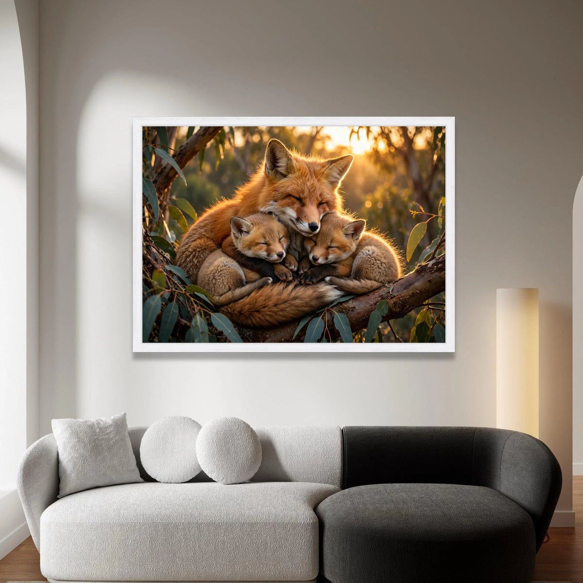 Cozy Fox Family Embrace Canvas, Woodland Animal Wall Art, Nature Wildlife Scene, Warm Sunset Home Decoration Canvas Print Art