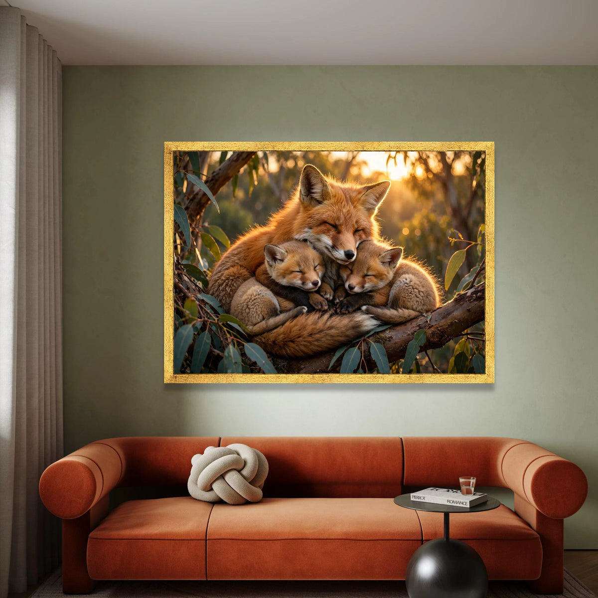 Cozy Fox Family Embrace Canvas, Woodland Animal Wall Art, Nature Wildlife Scene, Warm Sunset Home Decoration Canvas Print Art