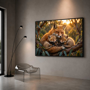 Cozy Fox Family Embrace Canvas, Woodland Animal Wall Art, Nature Wildlife Scene, Warm Sunset Home Decoration Canvas Print Art
