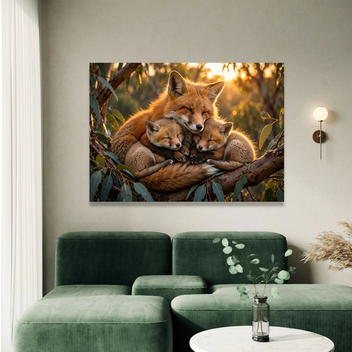 Cozy Fox Family Embrace Canvas, Woodland Animal Wall Art, Nature Wildlife Scene, Warm Sunset Home Decoration Canvas Print Art