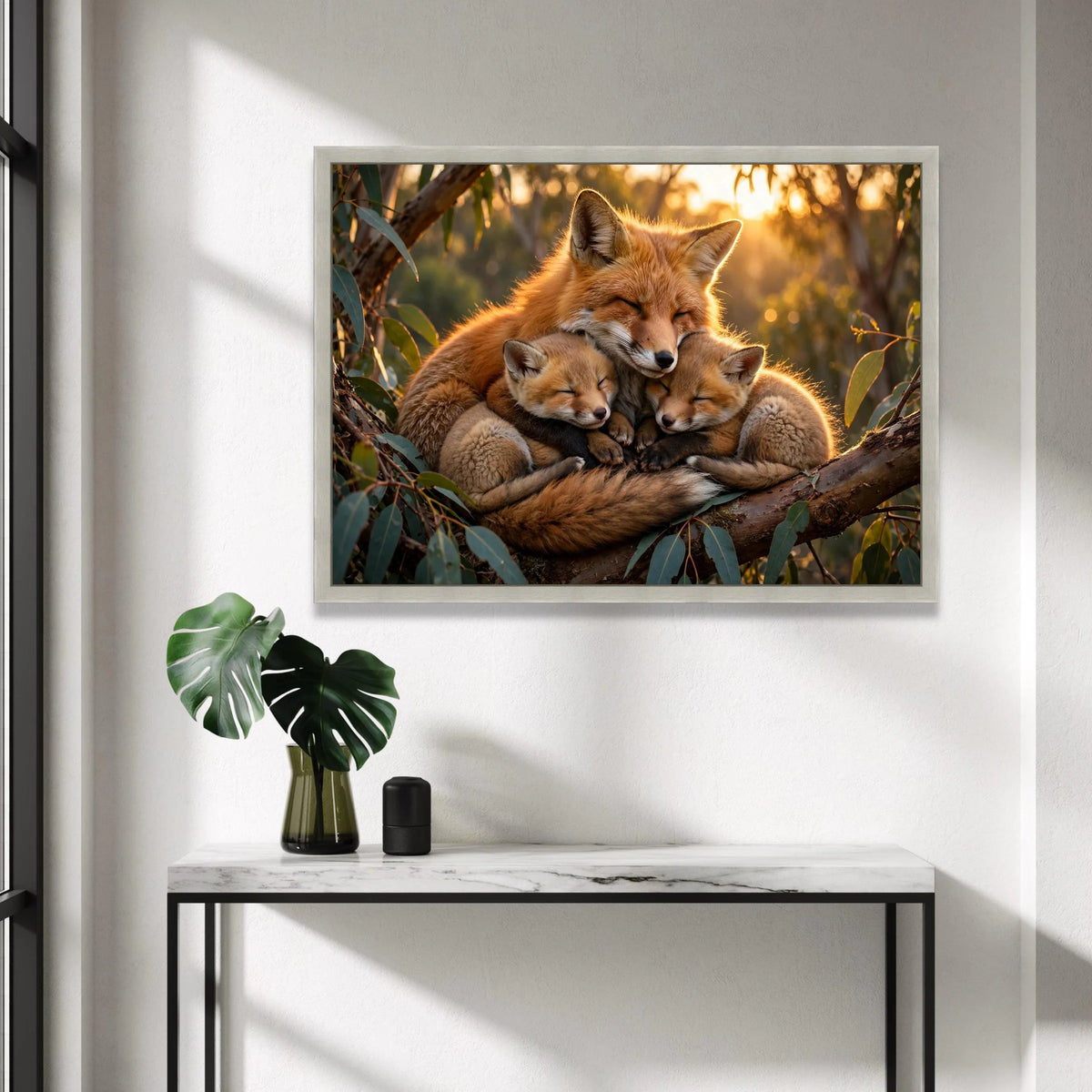 Cozy Fox Family Embrace Canvas, Woodland Animal Wall Art, Nature Wildlife Scene, Warm Sunset Home Decoration Canvas Print Art