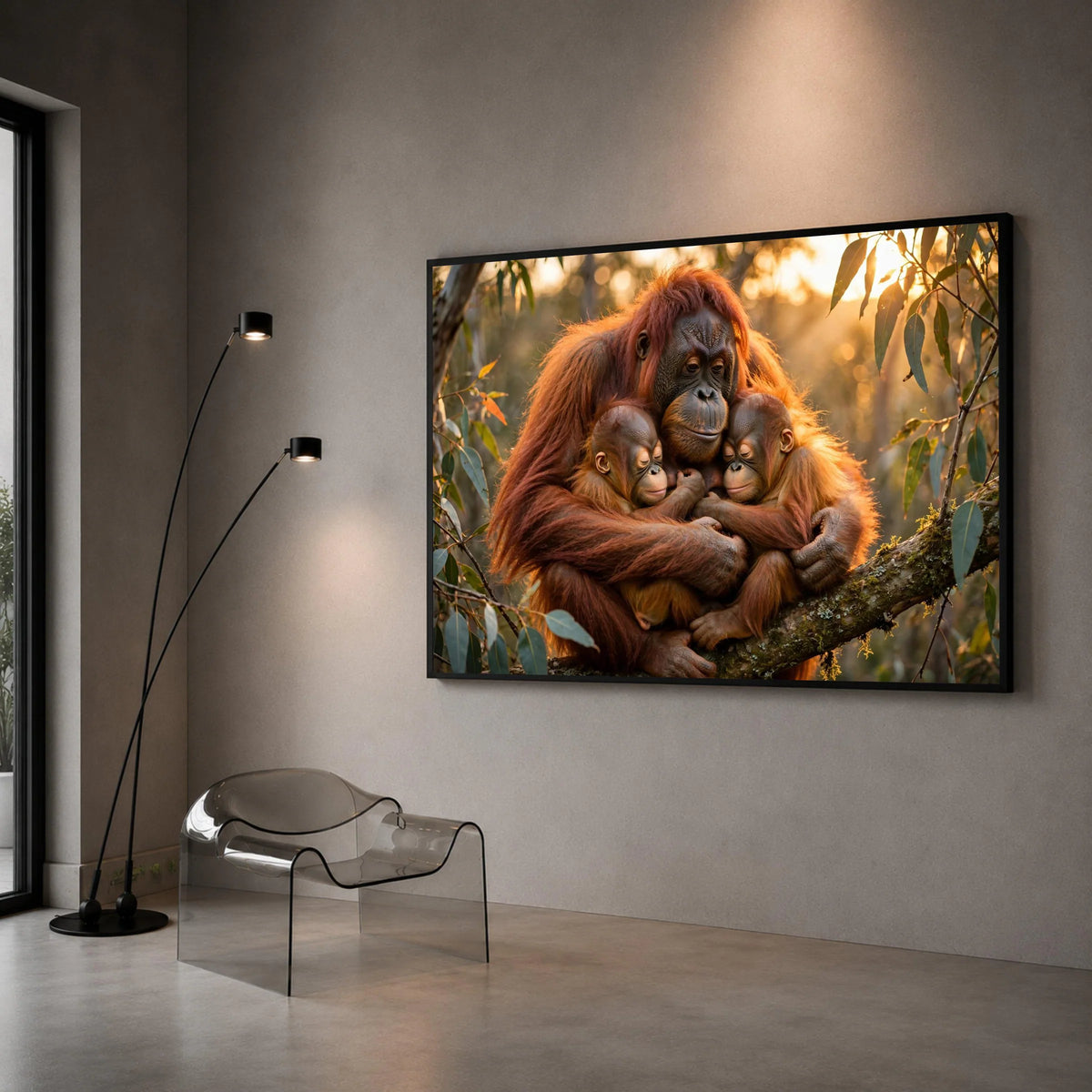 Loving Orangutan Family Embrace Canvas Wall Art, Wildlife Animal Portrait, Jungle Nature Decor, Heartwarming Animal Canvas, Canvas Print Art