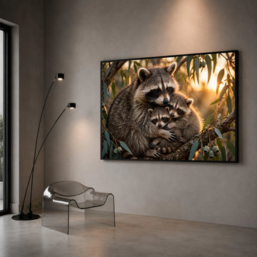 Loving Raccoon Family Embrace, Wildlife Canvas Art, Nature Animal Wall Decor, Warm Forest Sunset Canvas, Cozy Home Canvas Print Art