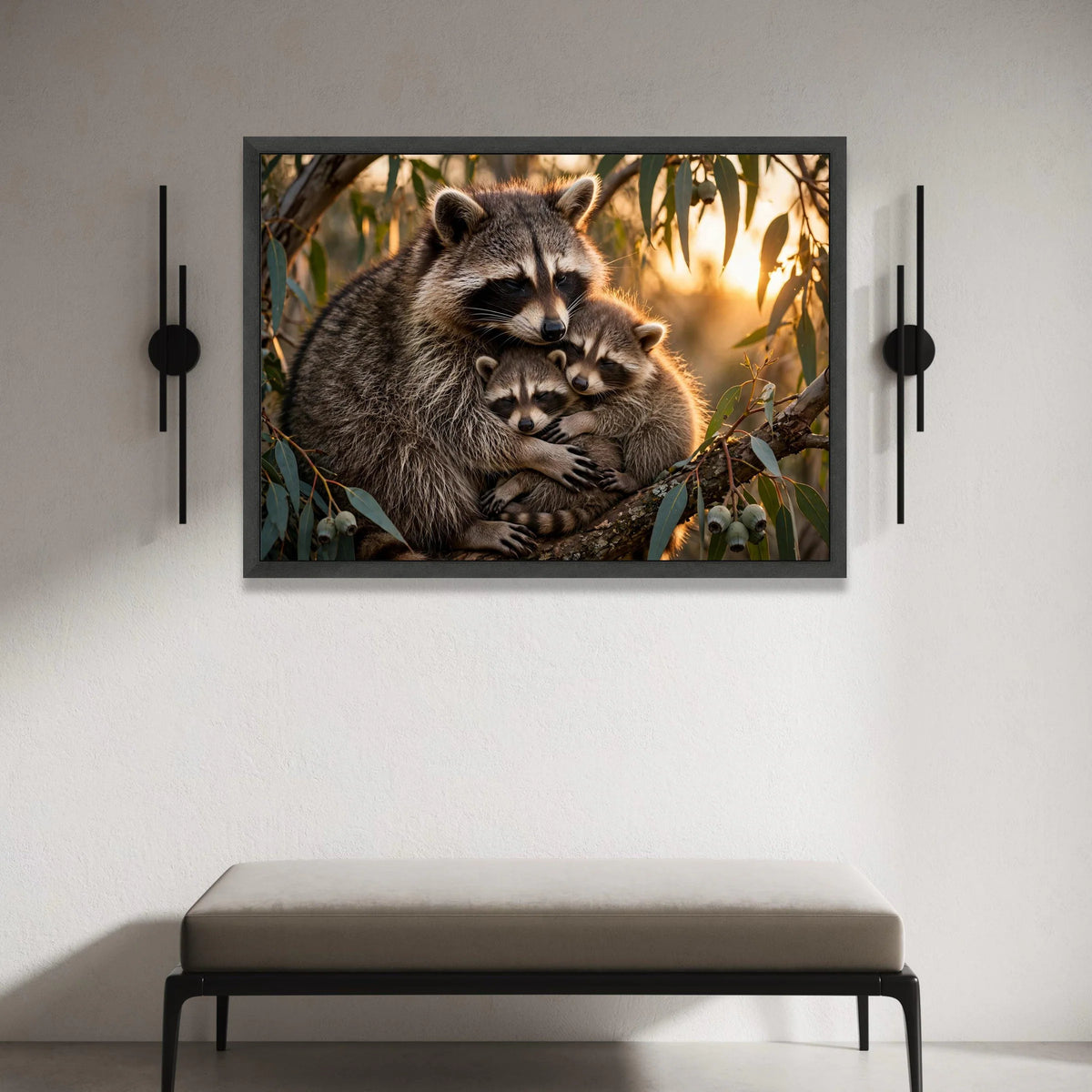 Loving Raccoon Family Embrace, Wildlife Canvas Art, Nature Animal Wall Decor, Warm Forest Sunset Canvas, Cozy Home Canvas Print Art