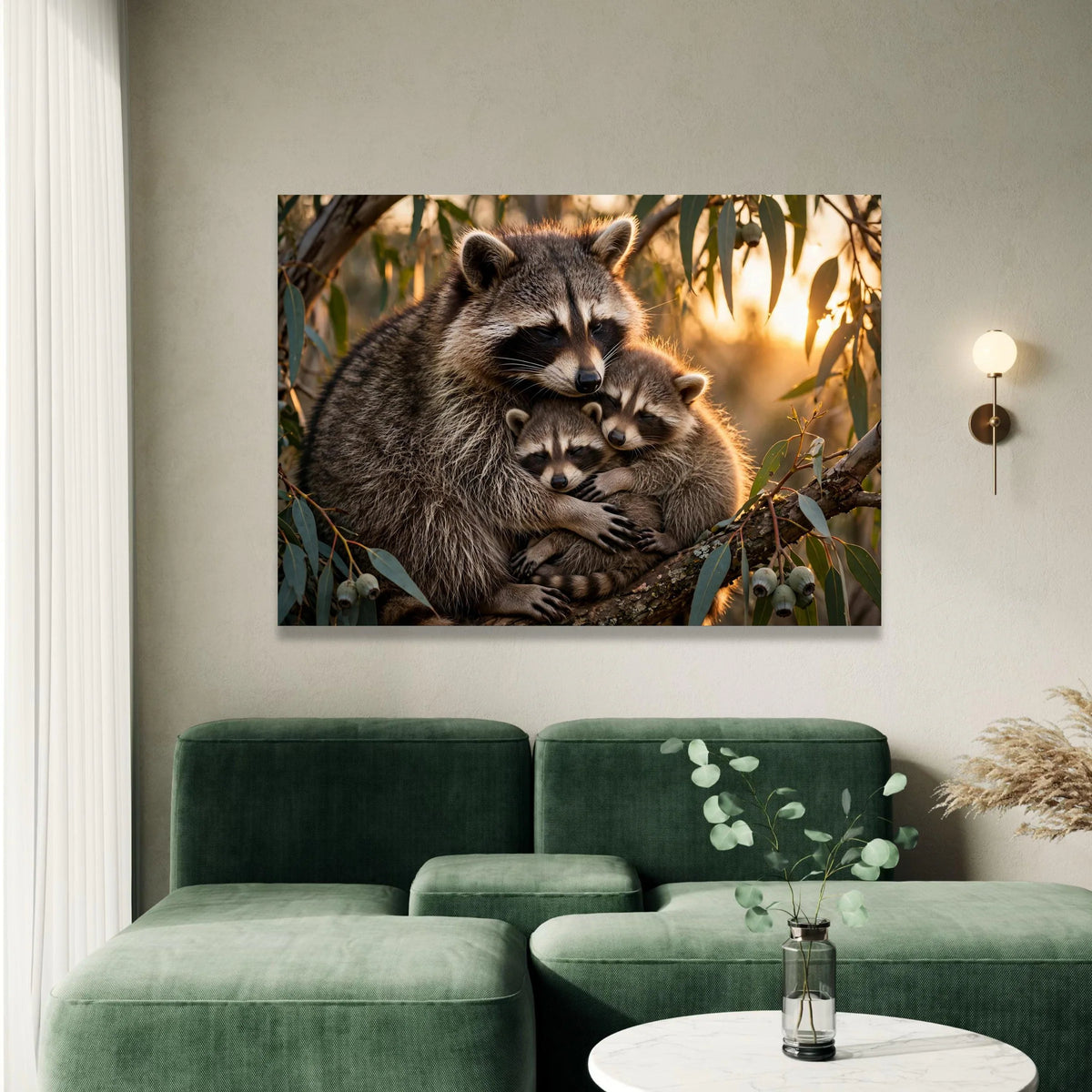 Loving Raccoon Family Embrace, Wildlife Canvas Art, Nature Animal Wall Decor, Warm Forest Sunset Canvas, Cozy Home Canvas Print Art