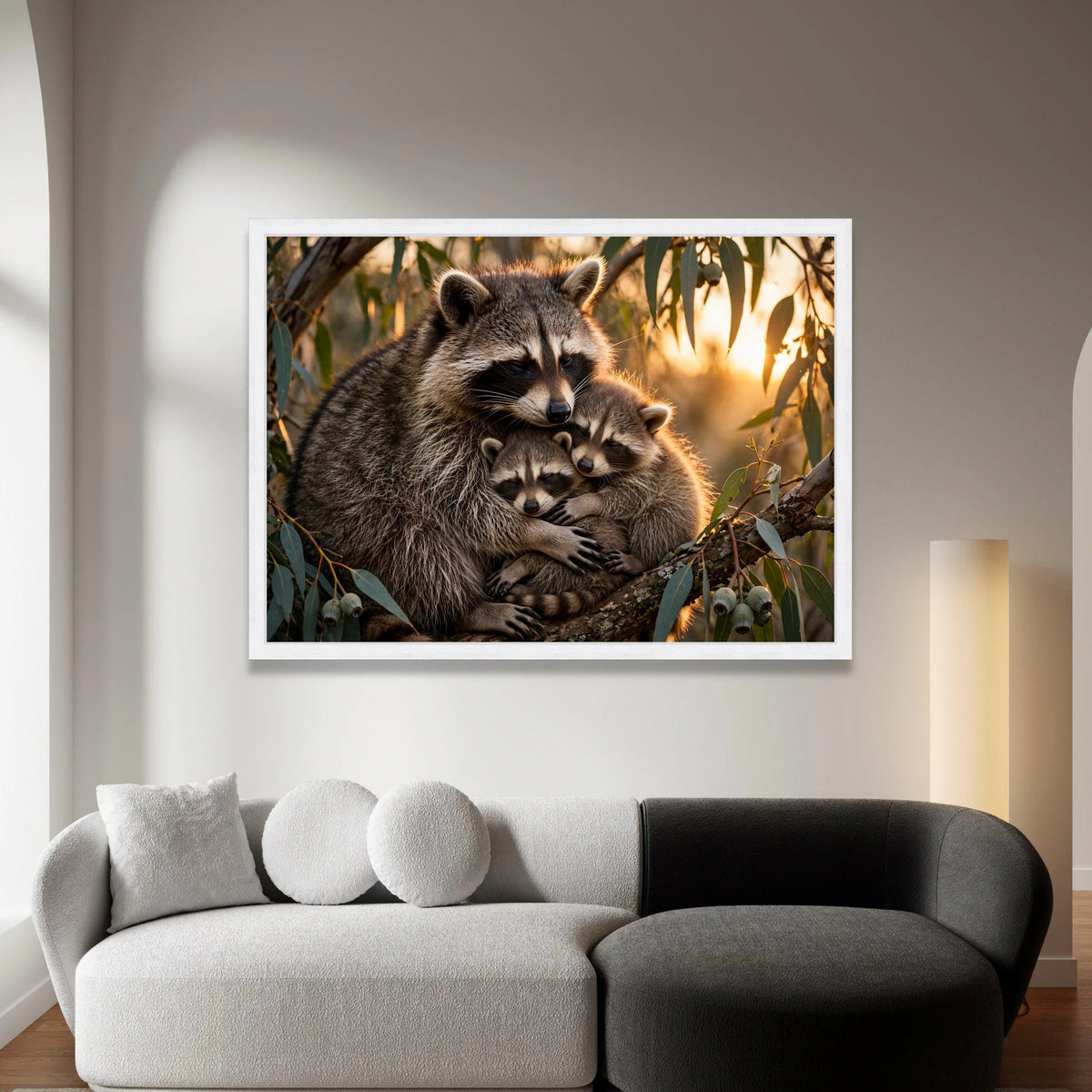 Loving Raccoon Family Embrace, Wildlife Canvas Art, Nature Animal Wall Decor, Warm Forest Sunset Canvas, Cozy Home Canvas Print Art