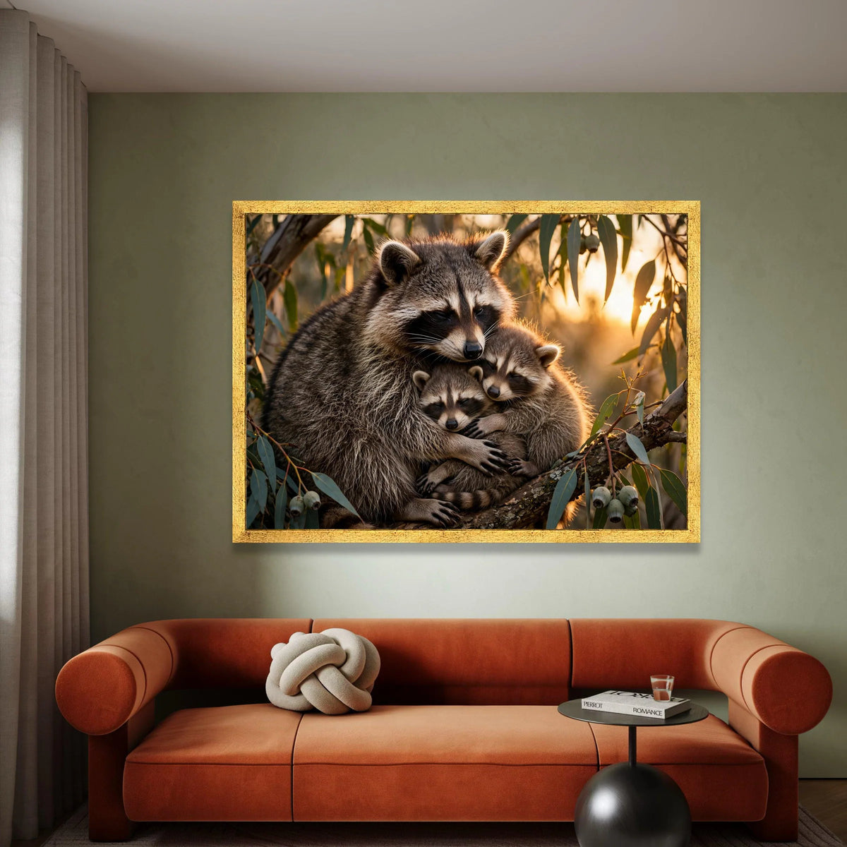 Loving Raccoon Family Embrace, Wildlife Canvas Art, Nature Animal Wall Decor, Warm Forest Sunset Canvas, Cozy Home Canvas Print Art