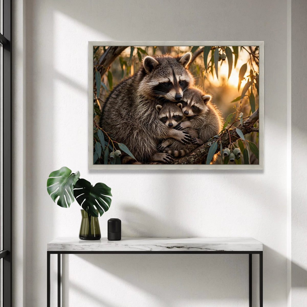 Loving Raccoon Family Embrace, Wildlife Canvas Art, Nature Animal Wall Decor, Warm Forest Sunset Canvas, Cozy Home Canvas Print Art