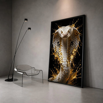 Majestic White Cobra Canvas, Gold Splash Wall Art, Exotic Snake Portrait, Modern Animal Canvas, Bold Nature Decoration Canvas Print Art