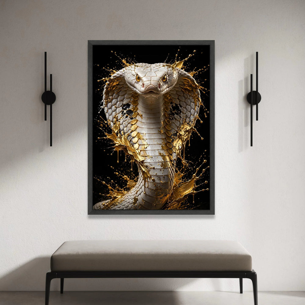 Majestic White Cobra Canvas, Gold Splash Wall Art, Exotic Snake Portrait, Modern Animal Canvas, Bold Nature Decoration Canvas Print Art
