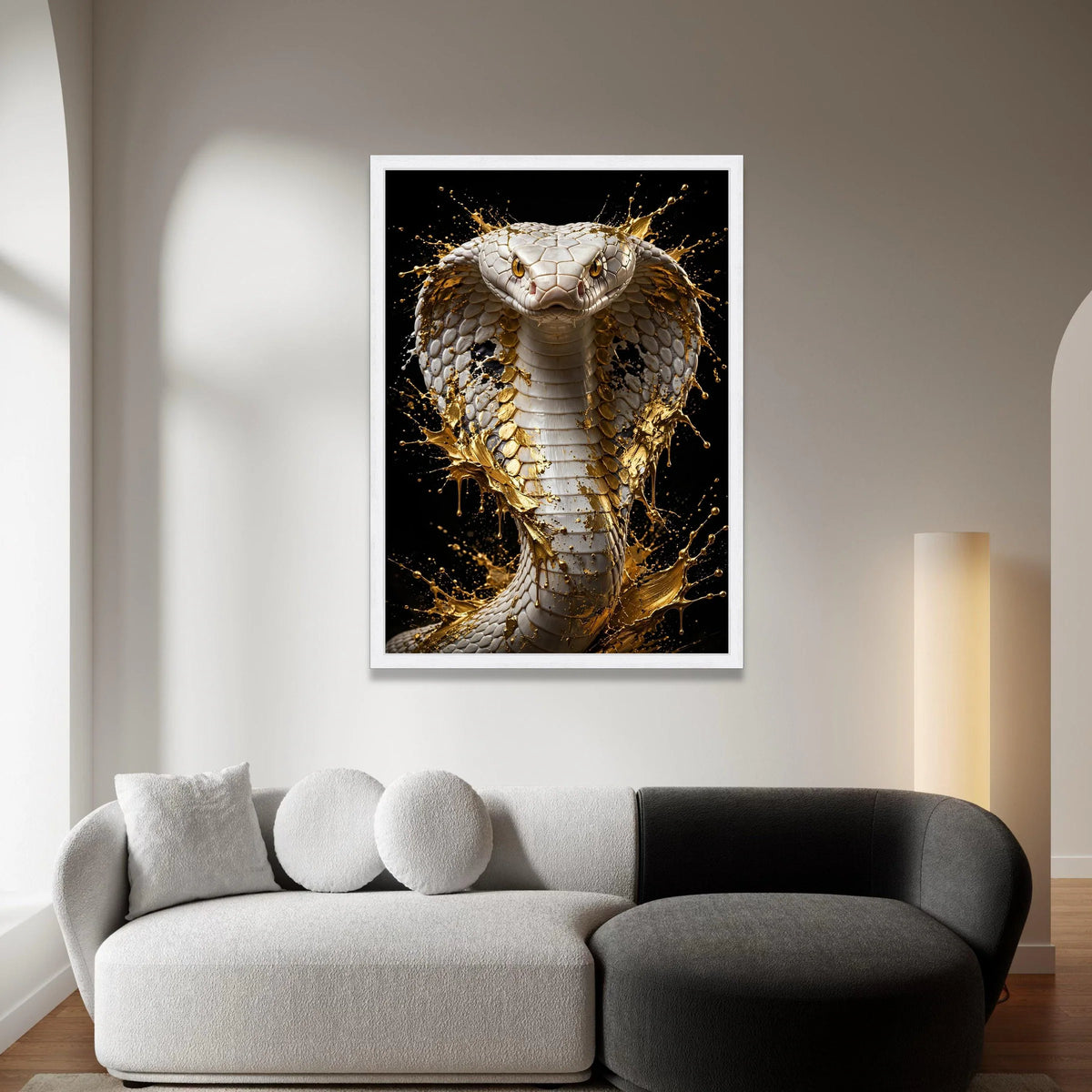 Majestic White Cobra Canvas, Gold Splash Wall Art, Exotic Snake Portrait, Modern Animal Canvas, Bold Nature Decoration Canvas Print Art