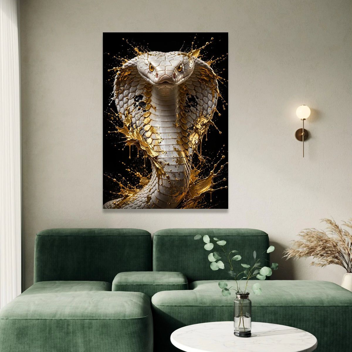 Majestic White Cobra Canvas, Gold Splash Wall Art, Exotic Snake Portrait, Modern Animal Canvas, Bold Nature Decoration Canvas Print Art