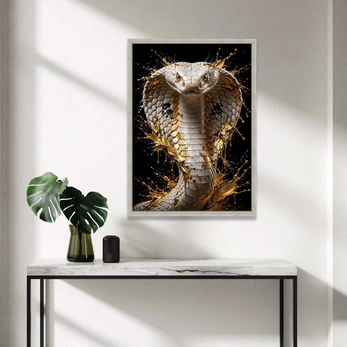 Majestic White Cobra Canvas, Gold Splash Wall Art, Exotic Snake Portrait, Modern Animal Canvas, Bold Nature Decoration Canvas Print Art