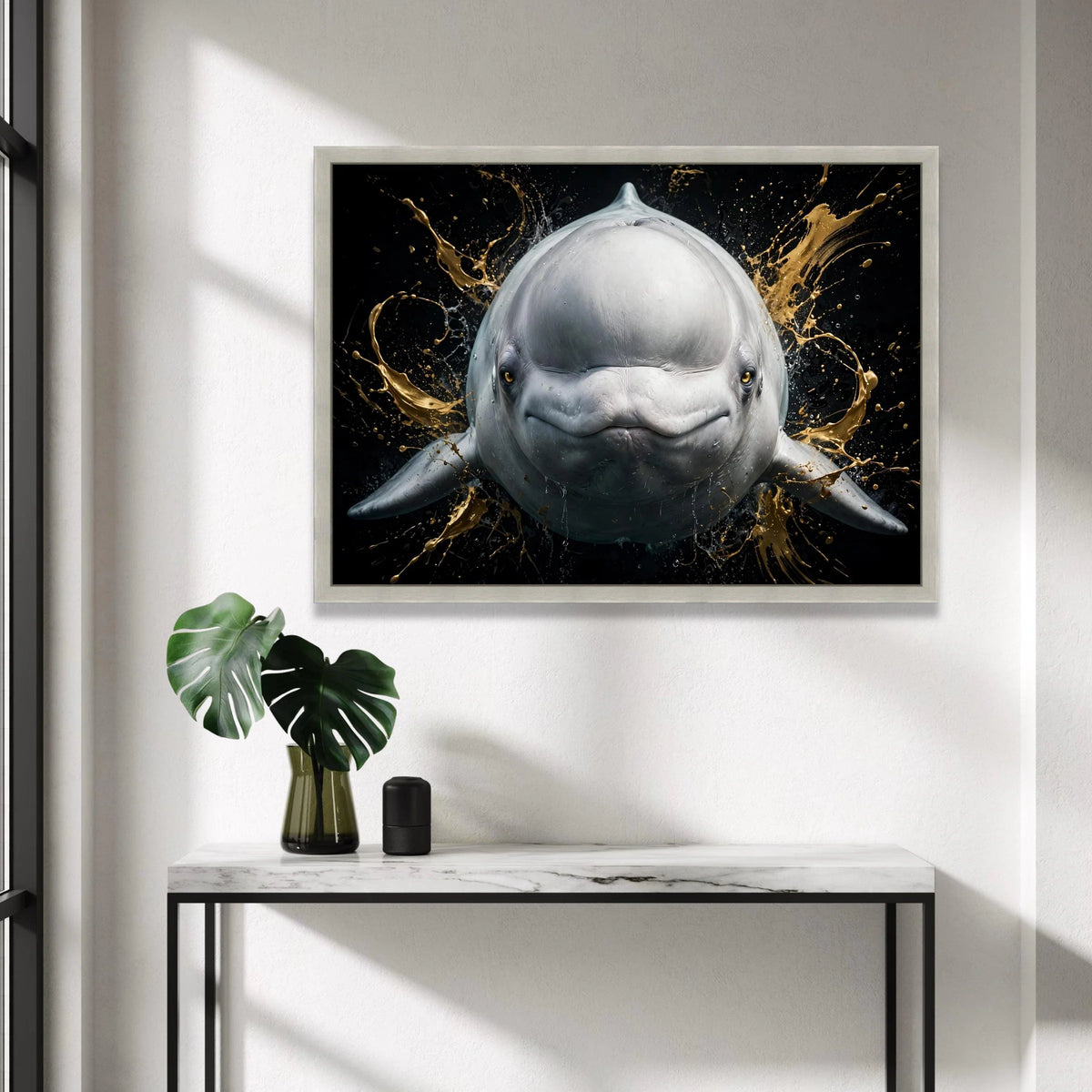 Playful Beluga Whale Portrait Canvas, Marine Animal Wall Art, Ocean Wildlife Canvas Print, Splashing Water Design, Home Canvas Print Art