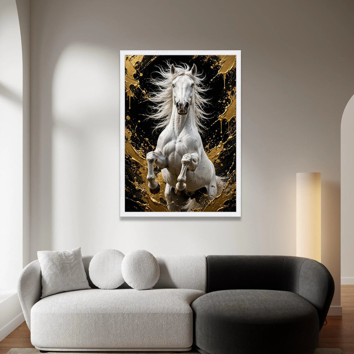 Majestic White Horse Canvas Wall Art, Rearing Stallion Painting, Black and Gold Abstract Background, Equestrian Home Canvas Print Art