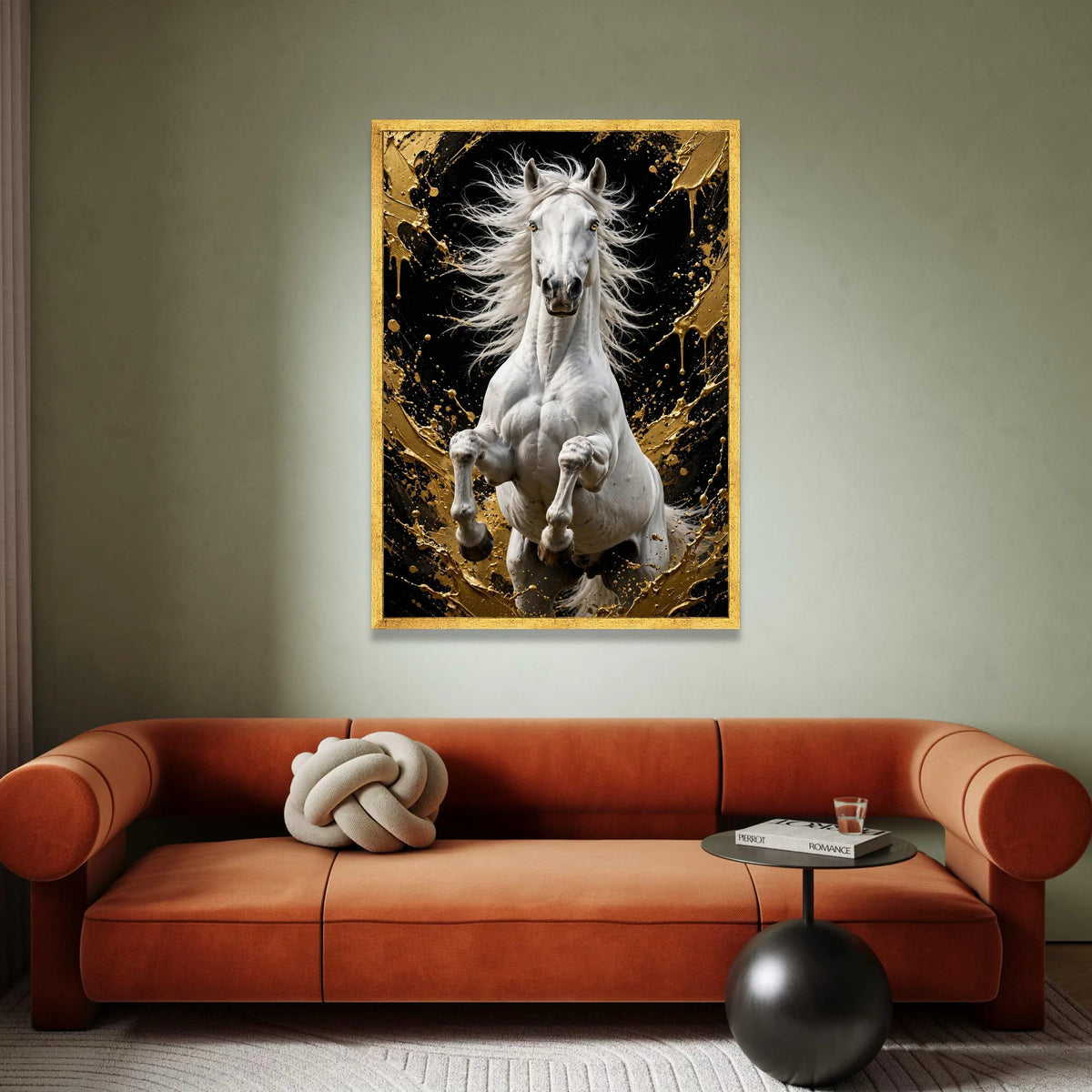 Majestic White Horse Canvas Wall Art, Rearing Stallion Painting, Black and Gold Abstract Background, Equestrian Home Canvas Print Art