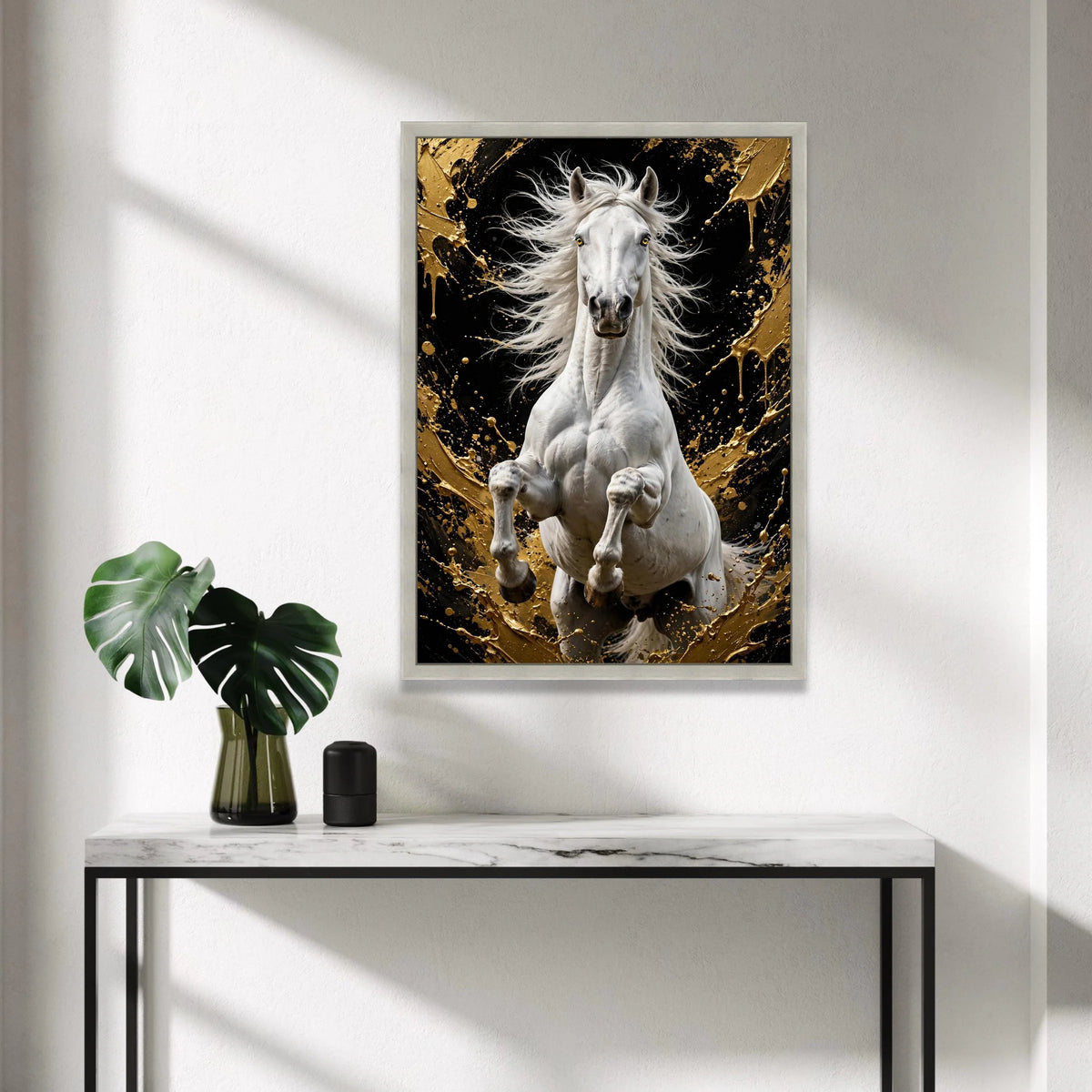 Majestic White Horse Canvas Wall Art, Rearing Stallion Painting, Black and Gold Abstract Background, Equestrian Home Canvas Print Art