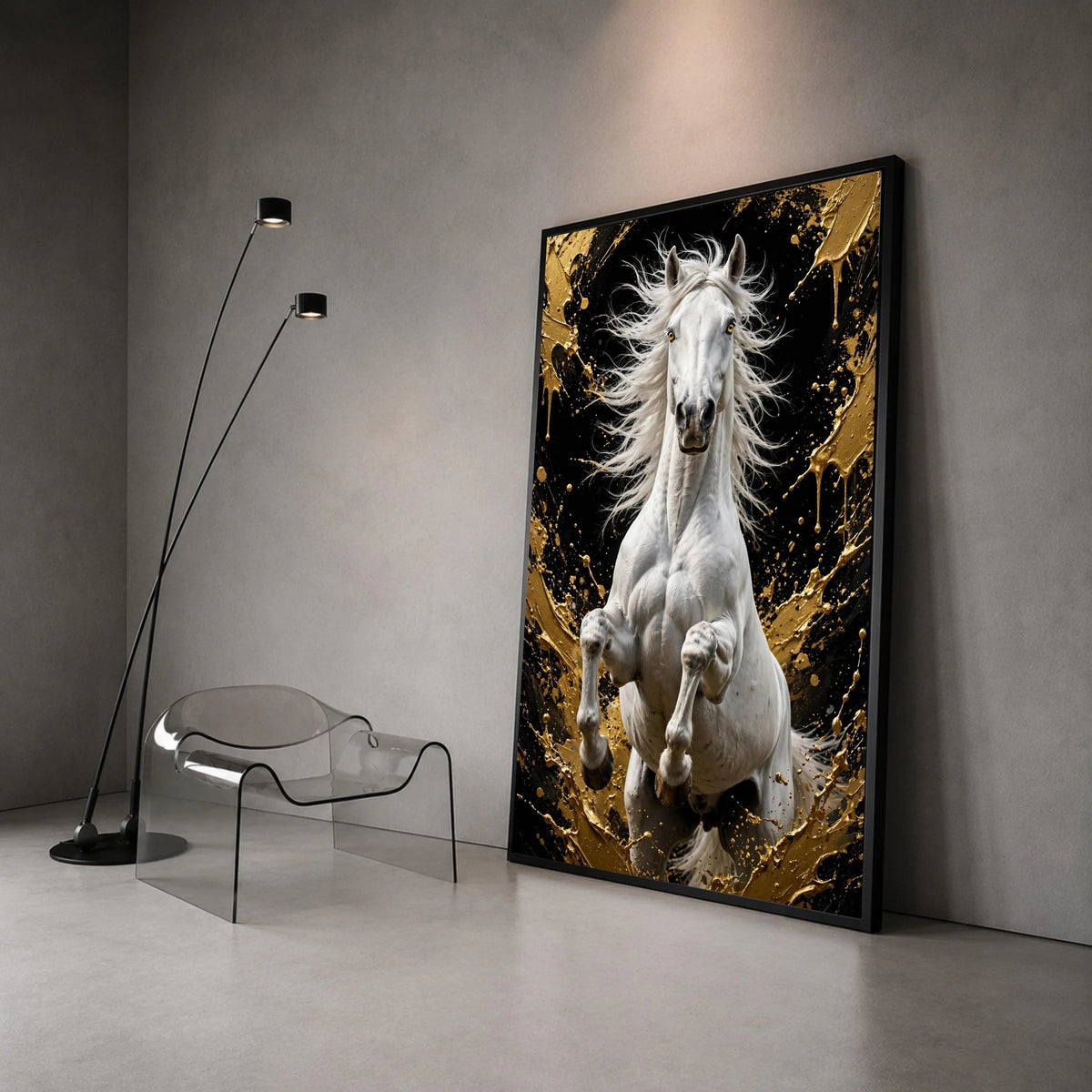 Majestic White Horse Canvas Wall Art, Rearing Stallion Painting, Black and Gold Abstract Background, Equestrian Home Canvas Print Art