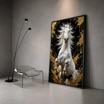 Majestic White Horse Canvas Wall Art, Rearing Stallion Painting, Black and Gold Abstract Background, Equestrian Home Canvas Print Art