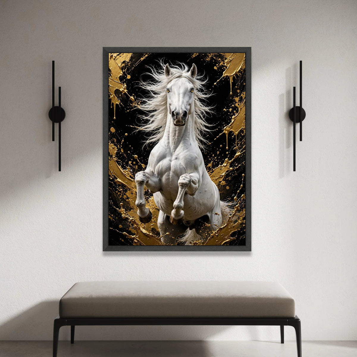 Majestic White Horse Canvas Wall Art, Rearing Stallion Painting, Black and Gold Abstract Background, Equestrian Home Canvas Print Art