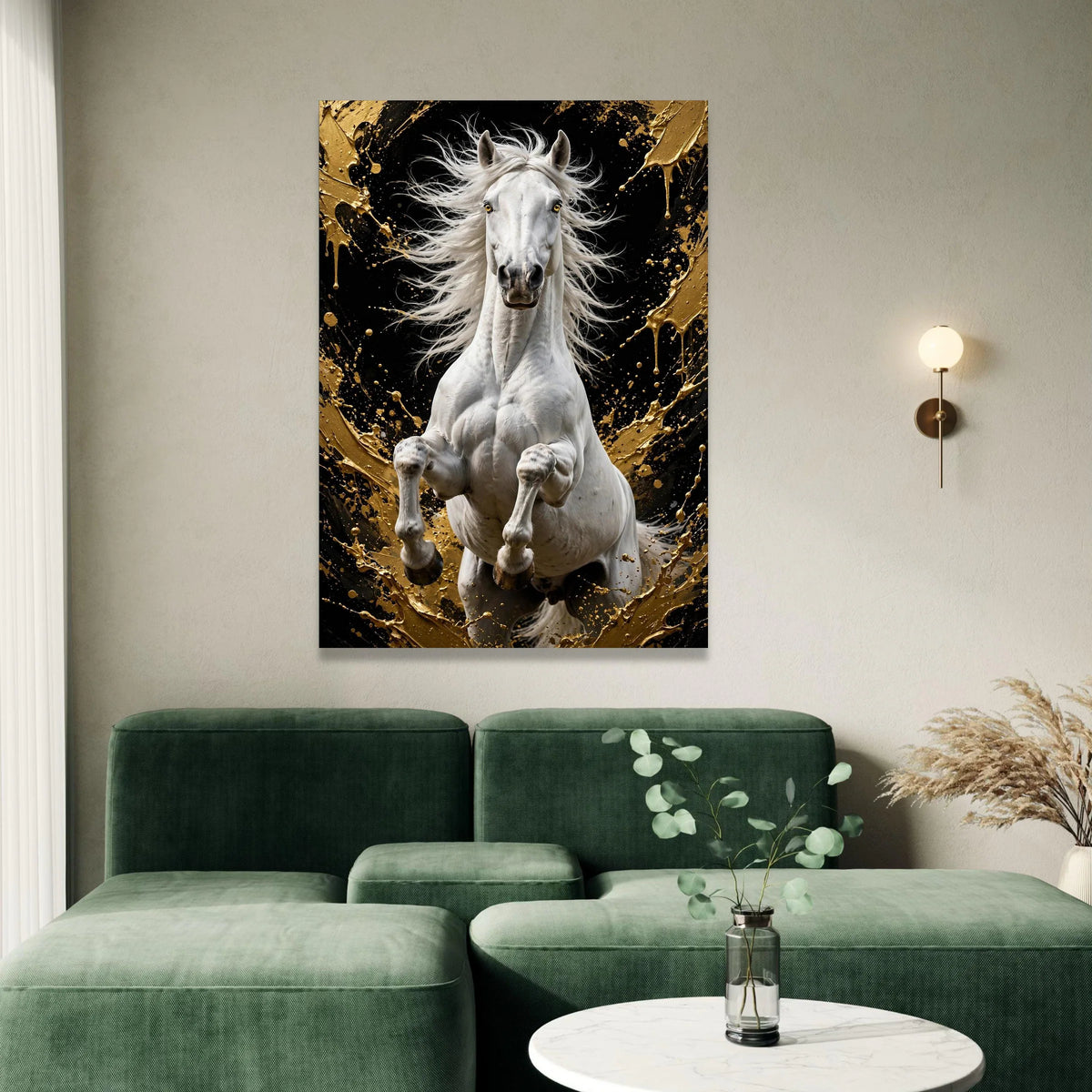 Majestic White Horse Canvas Wall Art, Rearing Stallion Painting, Black and Gold Abstract Background, Equestrian Home Canvas Print Art