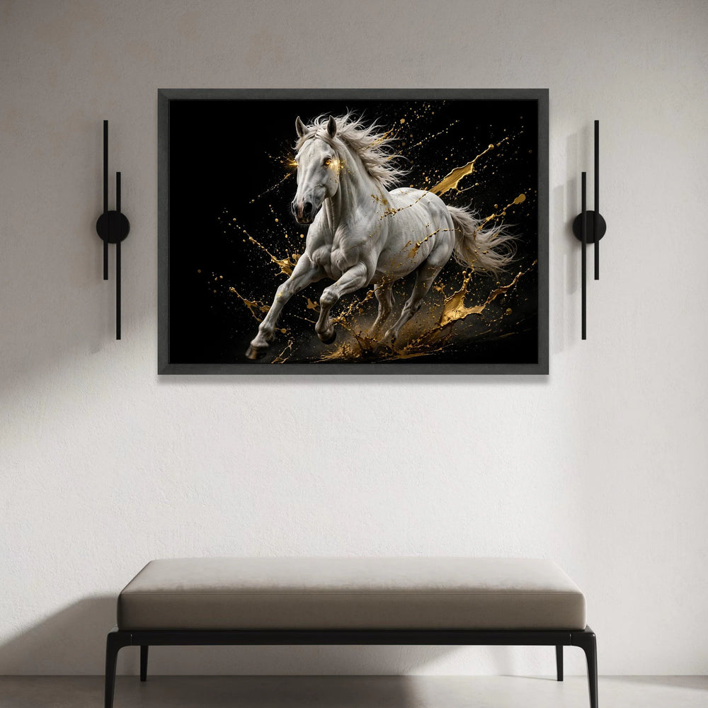 Majestic White Horse Running Canvas, Dynamic Animal Wall Art, Golden Splash Effect, Energetic Equine Canvas, Modern Home Canvas Print Art