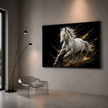 Majestic White Horse Running Canvas, Dynamic Animal Wall Art, Golden Splash Effect, Energetic Equine Canvas, Modern Home Canvas Print Art