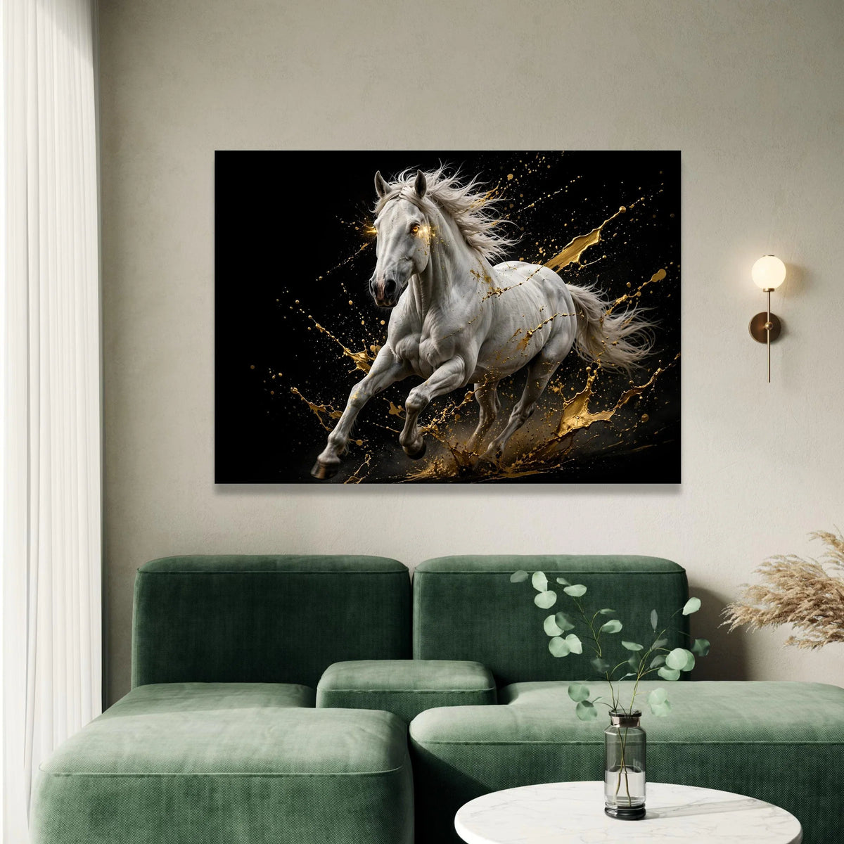 Majestic White Horse Running Canvas, Dynamic Animal Wall Art, Golden Splash Effect, Energetic Equine Canvas, Modern Home Canvas Print Art