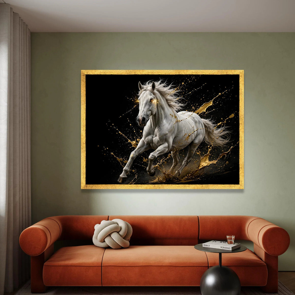 Majestic White Horse Running Canvas, Dynamic Animal Wall Art, Golden Splash Effect, Energetic Equine Canvas, Modern Home Canvas Print Art