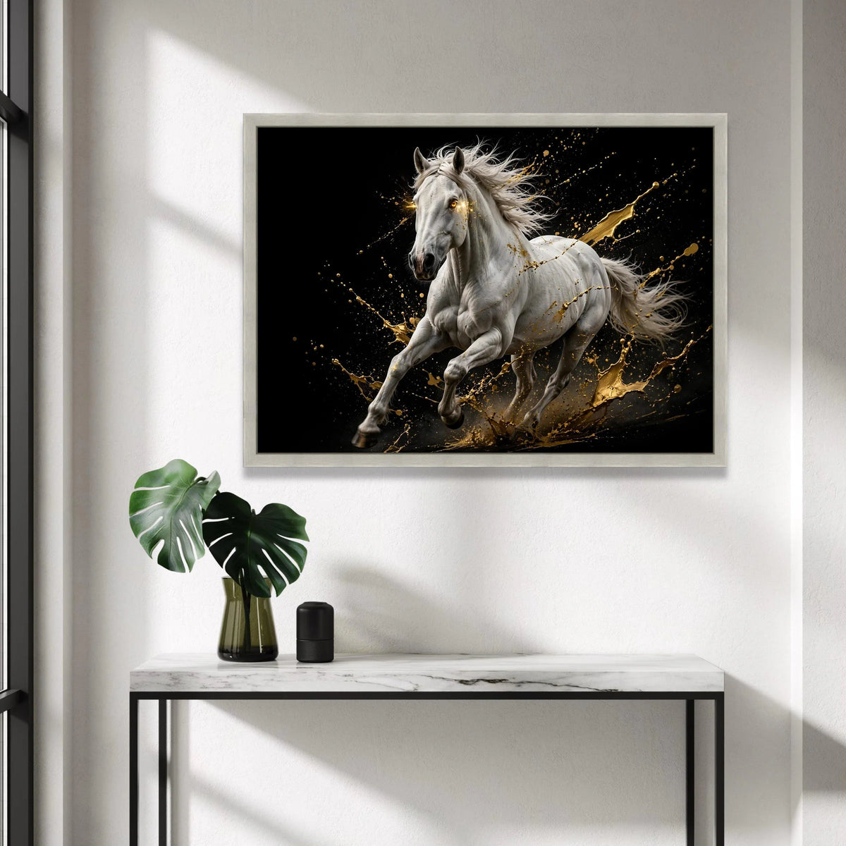 Majestic White Horse Running Canvas, Dynamic Animal Wall Art, Golden Splash Effect, Energetic Equine Canvas, Modern Home Canvas Print Art