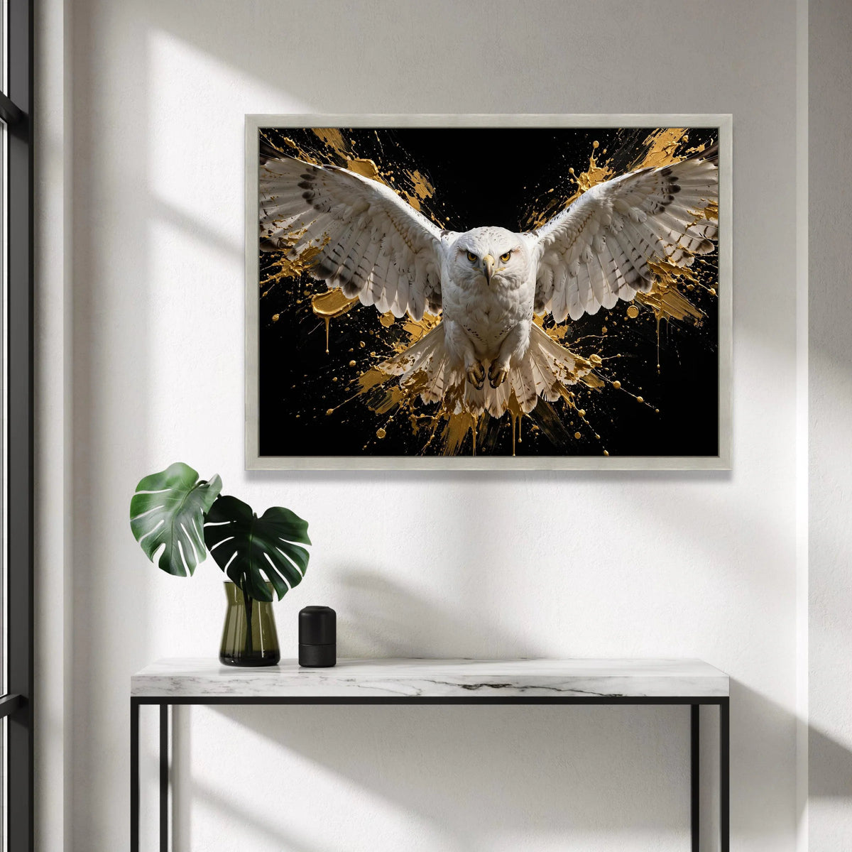 Majestic White Hawk Flight Canvas, Bold Bird Wall Art, Abstract Splash Background, Contemporary Wildlife Canvas, Nature Canvas Print Art