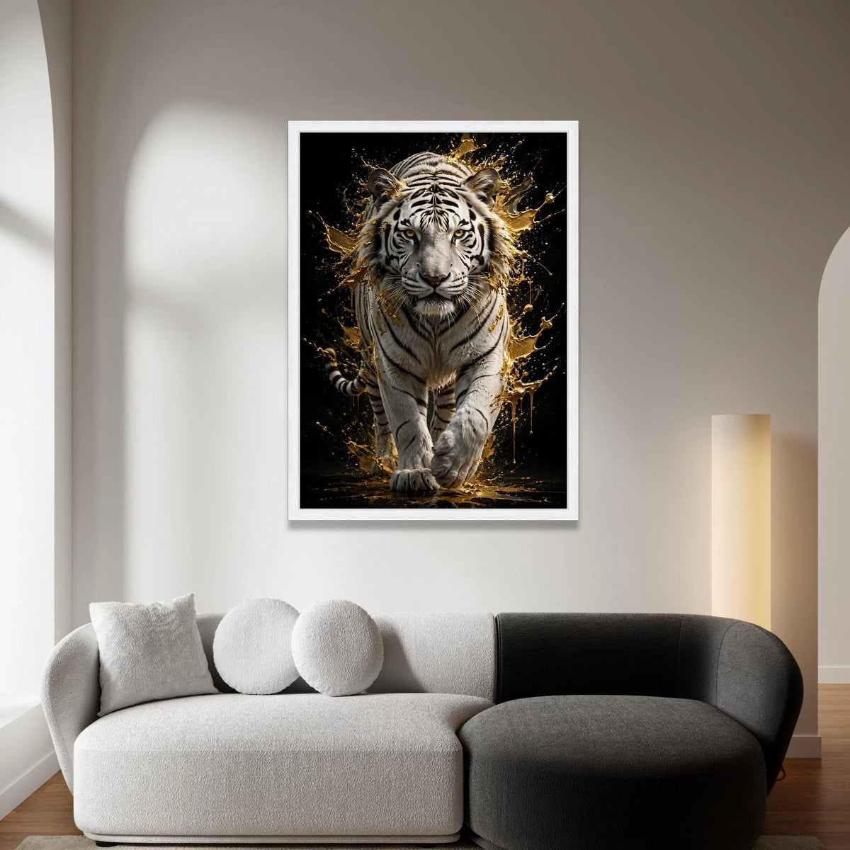 Majestic White Tiger Canvas Wall Art, Golden Splash Animal Portrait, Wildlife Home Decor, Exotic Jungle Scene, Bold Canvas Print Art