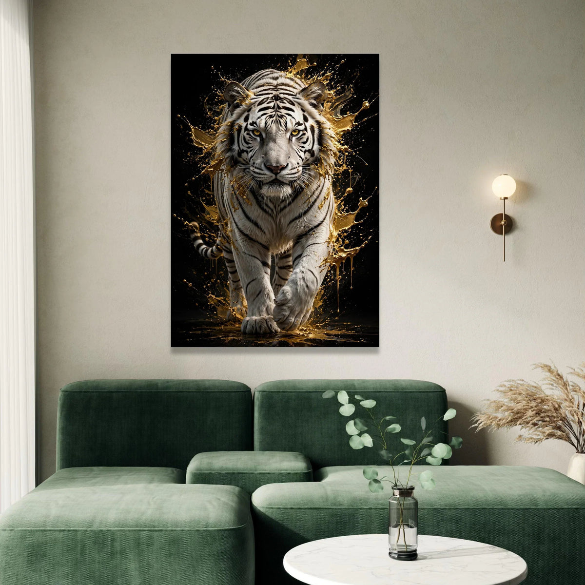 Majestic White Tiger Canvas Wall Art, Golden Splash Animal Portrait, Wildlife Home Decor, Exotic Jungle Scene, Bold Canvas Print Art