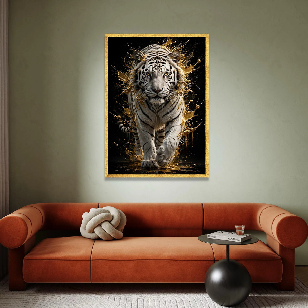 Majestic White Tiger Canvas Wall Art, Golden Splash Animal Portrait, Wildlife Home Decor, Exotic Jungle Scene, Bold Canvas Print Art